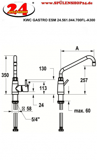 KWC Gastro E 24.561.044.700FL-A300 Einhebelmischer Gastroarmatur / Gewerbearmatur Edelstahl massiv V4A (316) fr die Profikche