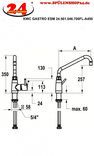 KWC Gastro E 24.561.046.700FL-A450 Einhebelmischer Gastroarmatur / Gewerbearmatur Edelstahl massiv V4A (316) fr die Profikche