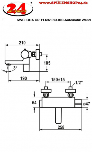 KWC IQUA 11.692.093.000 Thermostat Mischer Automatik Wand Armatur Waschtisch Chrom Infrarotsensorik opto-elektronisch gesteuert mit Batteriebetrieb