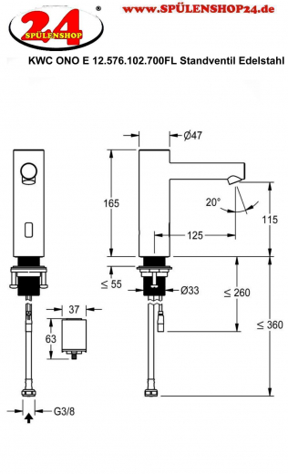 KWC ONO E 12.576.102.700FL Automatik Armatur Waschtisch Standventil Edelstahl Infrarotsensorik opto-elektronisch gesteuert mit Batteriebetrieb