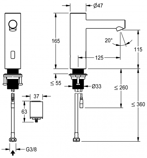 KWC ONO E 12.576.102.700FL Automatik Armatur Waschtisch Standventil Edelstahl Infrarotsensorik opto-elektronisch gesteuert mit Batteriebetrieb