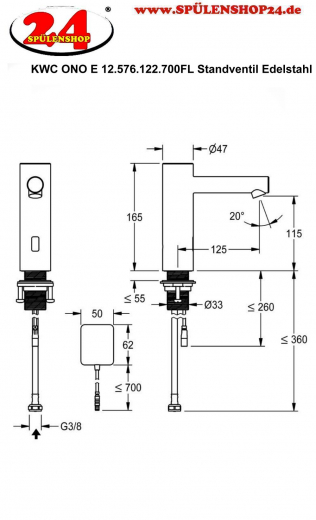 KWC ONO E 12.576.122.700FL Automatik Armatur Waschtisch Standventil Edelstahl Infrarotsensorik opto-elektronisch gesteuert mit Netzteil