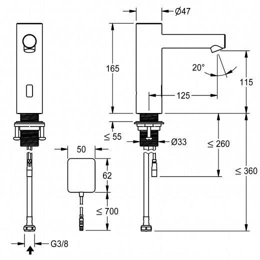 KWC ONO E 12.576.122.700FL Automatik Armatur Waschtisch Standventil Edelstahl Infrarotsensorik opto-elektronisch gesteuert mit Netzteil