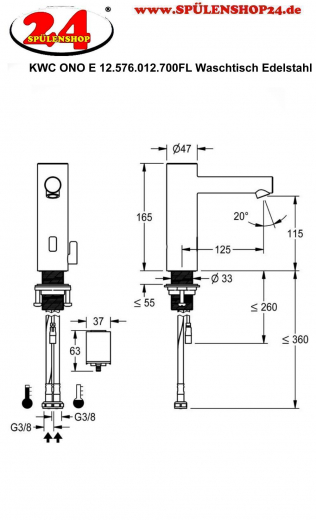 KWC ONO E 12.576.012.700FL Automatik Armatur Waschtisch Edelstahl Infrarotsensorik opto-elektronisch gesteuert mit Batteriebetrieb