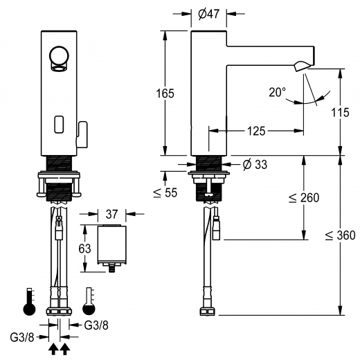 KWC ONO E 12.576.012.700FL Automatik Armatur Waschtisch Edelstahl Infrarotsensorik opto-elektronisch gesteuert mit Batteriebetrieb