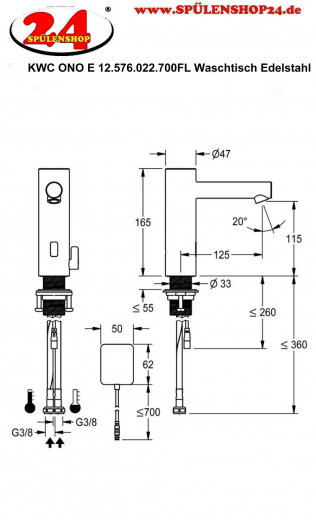 KWC ONO E 12.576.022.700FL Automatik Armatur Waschtisch Edelstahl Infrarotsensorik opto-elektronisch gesteuert mit Netzteil