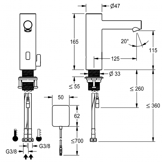 KWC ONO E 12.576.022.700FL Automatik Armatur Waschtisch Edelstahl Infrarotsensorik opto-elektronisch gesteuert mit Netzteil