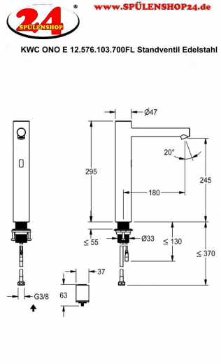 KWC ONO E 12.576.103.700FL Automatik Armatur Waschtisch Standventil Edelstahl Infrarotsensorik opto-elektronisch gesteuert mit Batteriebetrieb