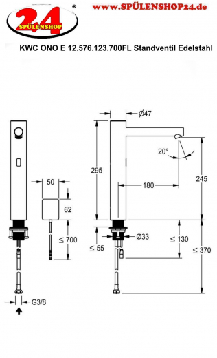 KWC ONO E 12.576.123.700FL Automatik Armatur Waschtisch Standventil Edelstahl Infrarotsensorik opto-elektronisch gesteuert mit Netzteil