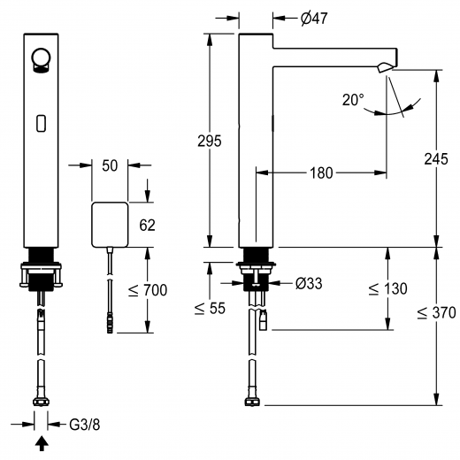 KWC ONO E 12.576.123.700FL Automatik Armatur Waschtisch Standventil Edelstahl Infrarotsensorik opto-elektronisch gesteuert mit Netzteil