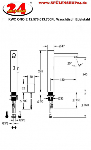 KWC ONO E 12.576.013.700FL Automatik Armatur Waschtisch Edelstahl Infrarotsensorik opto-elektronisch gesteuert mit Batteriebetrieb