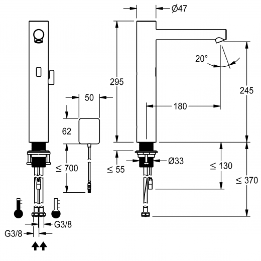 KWC ONO E 12.576.013.700FL Automatik Armatur Waschtisch Edelstahl Infrarotsensorik opto-elektronisch gesteuert mit Batteriebetrieb