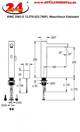 KWC ONO E 12.576.023.700FL Automatik Armatur Waschtisch Edelstahl Infrarotsensorik opto-elektronisch gesteuert mit Netzteil