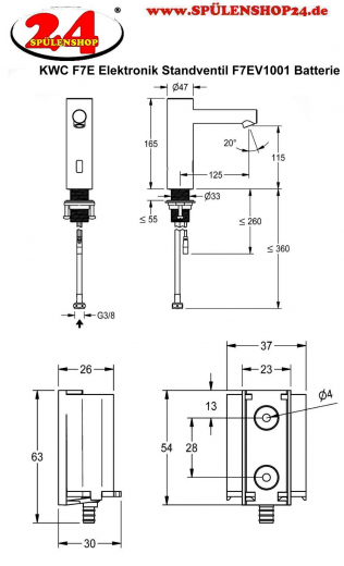 KWC PROFESSIONAL F7E Elektronik Standventil F7EV1001 DN 15 fr Waschanlagen, opto-elektronisch gesteuert mit Batteriefach