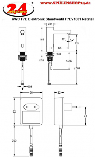 KWC PROFESSIONAL F7E Elektronik Standventil F7EV1001 DN 15 fr Waschanlagen, opto-elektronisch gesteuert mit Netzteil