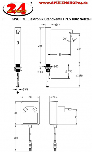 KWC PROFESSIONAL F7E Elektronik Standventil F7EV1002 DN 15 fr Waschanlagen, opto-elektronisch gesteuert mit Netzteil