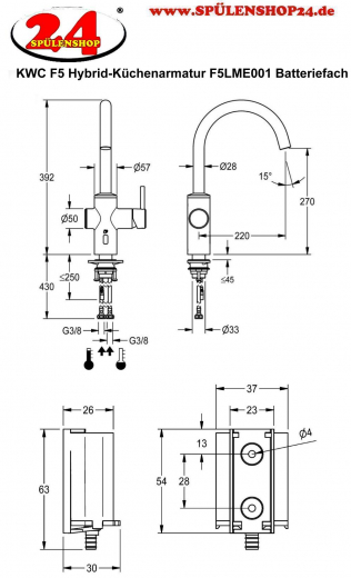 KWC PROFESSIONAL F5E Hybrid-Kchenarmatur Elektronik Standbatterie F5LME001 DN 15, opto-elektronisch gesteuert mit Batteriefach