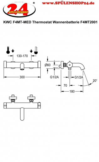 KWC PROFESSIONAL F4MT-Med Thermostat 2-Griff Wannenbatterie F4MT2001 Barrierefrei im Gesundheitswesen oder Pflegebereich
