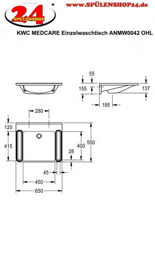 KWC PROFESSIONAL MEDCARE Einzelwaschtisch ANMW0042 ohne berlauf Waschtisch MIRANIT fr Wandmontage unterfahrbar Barrierefrei* fr Rollstuhlfahrer geeignet