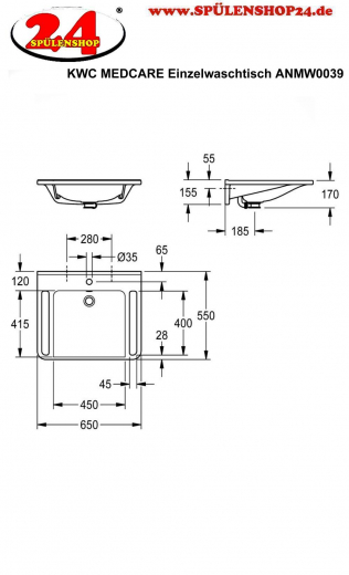 KWC PROFESSIONAL MEDCARE Einzelwaschtisch ANMW0039 Waschtisch MIRANIT fr Wandmontage unterfahrbar Barrierefrei* fr Rollstuhlfahrer geeignet