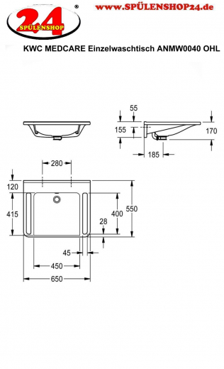 KWC PROFESSIONAL MEDCARE Einzelwaschtisch ANMW0040 Waschtisch MIRANIT fr Wandmontage unterfahrbar Barrierefrei* fr Rollstuhlfahrer geeignet