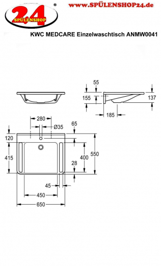 KWC PROFESSIONAL MEDCARE Einzelwaschtisch ANMW0041 ohne berlauf Waschtisch MIRANIT fr Wandmontage unterfahrbar Barrierefrei* fr Rollstuhlfahrer geeignet