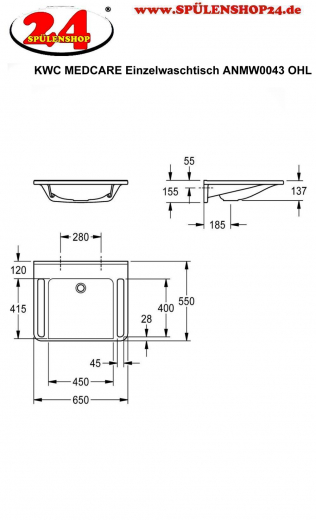 KWC PROFESSIONAL MEDCARE Einzelwaschtisch ANMW0043 ohne berlauf Waschtisch MIRANIT fr Wandmontage unterfahrbar Barrierefrei* fr Rollstuhlfahrer geeignet