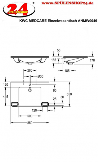 KWC PROFESSIONAL MEDCARE Einzelwaschtisch ANMW0046 Waschtisch MIRANIT fr Wandmontage unterfahrbar Barrierefrei* fr Rollstuhlfahrer geeignet