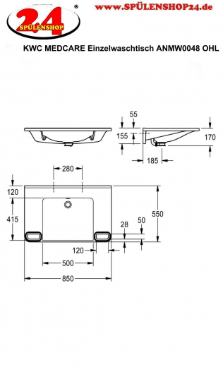 KWC PROFESSIONAL MEDCARE Einzelwaschtisch ANMW0048 Waschtisch MIRANIT fr Wandmontage unterfahrbar Barrierefrei* fr Rollstuhlfahrer geeignet