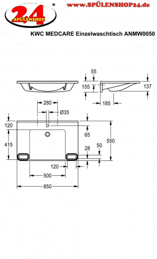 KWC PROFESSIONAL MEDCARE Einzelwaschtisch ANMW0050 ohne berlauf Waschtisch MIRANIT fr Wandmontage unterfahrbar Barrierefrei* fr Rollstuhlfahrer geeignet