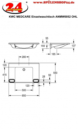 KWC PROFESSIONAL MEDCARE Einzelwaschtisch ANMW0052 ohne berlauf Waschtisch MIRANIT fr Wandmontage unterfahrbar Barrierefrei* fr Rollstuhlfahrer geeignet