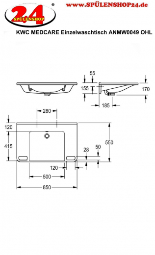 KWC PROFESSIONAL MEDCARE Einzelwaschtisch ANMW0049 Waschtisch MIRANIT fr Wandmontage unterfahrbar Barrierefrei* fr Rollstuhlfahrer geeignet