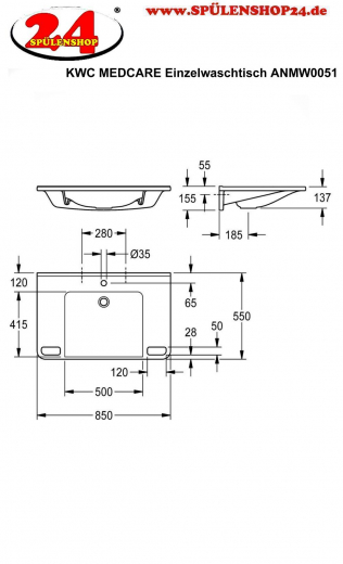KWC PROFESSIONAL MEDCARE Einzelwaschtisch ANMW0051 ohne berlauf Waschtisch MIRANIT fr Wandmontage unterfahrbar Barrierefrei* fr Rollstuhlfahrer geeignet