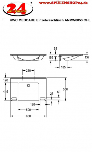 KWC PROFESSIONAL MEDCARE Einzelwaschtisch ANMW0053 ohne berlauf Waschtisch MIRANIT fr Wandmontage unterfahrbar Barrierefrei* fr Rollstuhlfahrer geeignet