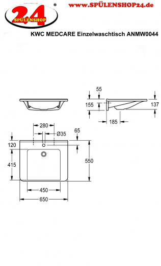 KWC PROFESSIONAL MEDCARE Einzelwaschtisch ANMW0044 ohne berlauf Waschtisch MIRANIT fr Wandmontage unterfahrbar Barrierefrei* fr Rollstuhlfahrer geeignet