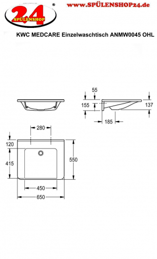 KWC PROFESSIONAL MEDCARE Einzelwaschtisch ANMW0045 ohne berlauf Waschtisch MIRANIT fr Wandmontage unterfahrbar Barrierefrei* fr Rollstuhlfahrer geeignet
