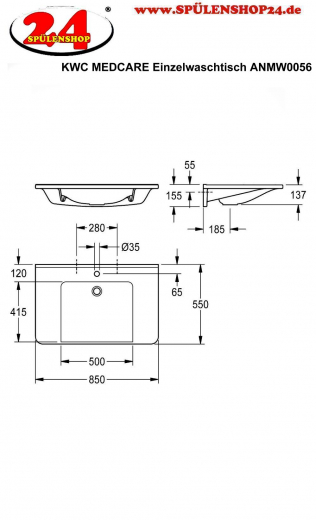 KWC PROFESSIONAL MEDCARE Einzelwaschtisch ANMW0056 ohne berlauf Waschtisch MIRANIT fr Wandmontage unterfahrbar Barrierefrei* fr Rollstuhlfahrer geeignet