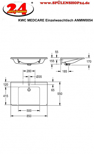 KWC PROFESSIONAL MEDCARE Einzelwaschtisch ANMW0054 Waschtisch MIRANIT fr Wandmontage unterfahrbar Barrierefrei* fr Rollstuhlfahrer geeignet