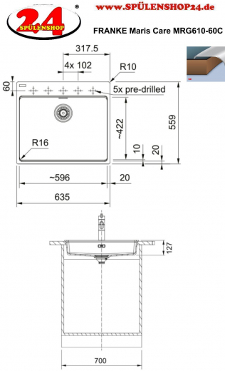 FRANKE Kchensple Maris Care MRG 610-60 C HLB Fragranit+ Granitsple / Einbausple medizinischer Bereich unterfahrbar Barrierefrei*