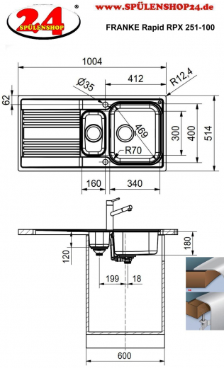 FRANKE Kchensple Rapid RPX 251-100 Edelstahlsple Slimtop / Flchenbndig mit Siebkorb als Drehknopfventil