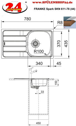 FRANKE Kchensple Spark SKN 611-78 (44) Einbausple / Edelstahlsple mit Einbaurand und Siebkorb als Stopfen- oder Drehknopfventil