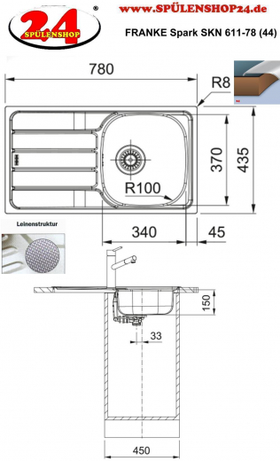 FRANKE Kchensple Spark SKL 611-78 (44) Einbausple / Edelstahlsple Leinenoptik mit Einbaurand und Siebkorb als Stopfen- oder Drehknopfventil