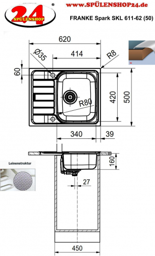 FRANKE Kchensple Spark SKL 611-62 (50) Einbausple / Edelstahlsple Leinenoptik mit Einbaurand und Siebkorb als Drehknopfventil