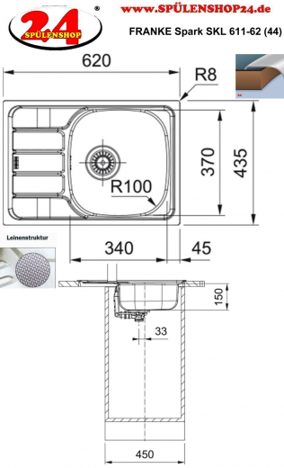 FRANKE Kchensple Spark SKL 611-62 (44) Einbausple / Edelstahlsple Leinenoptik mit Einbaurand und Siebkorb als Stopfen- oder Drehknopfventil