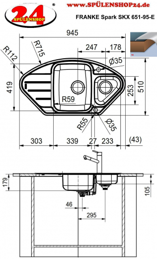 FRANKE Kchensple Spark SKX 651-95 E Edelstahl Einbausple / Ecksple mit Einbaurand und Siebkorb als Drehknopfventil