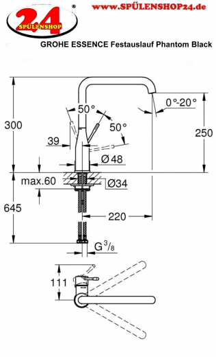 {Lager} GROHE Kchenarmatur Essence Phantom Black Einhebelmischer Schwarz matt mit Festauslauf (30505KF0)