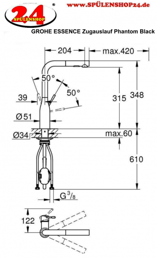 {LAGER} GROHE Kchenarmatur Essence Phantom Black Einhebelmischer Schwarz matt mit Zugauslauf und Brausefunktion (30504KF0)