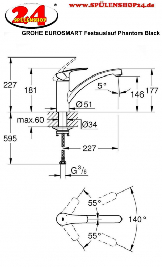 {Lager} GROHE Kchenarmatur Eurosmart  Einhebelmischer Matt Black mit Festauslauf (332812433)