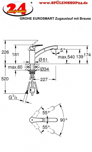 {Lager} GROHE Kchenarmatur Eurosmart  Einhebelmischer Matt Black mit Zugauslauf und Brausefunktion (303052431)