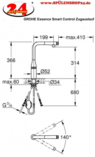 GROHE Kchenarmatur Essence Spltischbatterie Smartcontrol Chrom Einhebelmischer mit Zugauslauf (31615000)